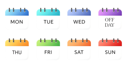 Bright calendar icons showing days of the week, isolated on transparent background, great for time management
