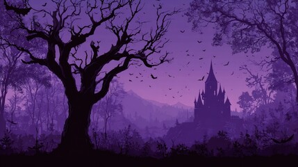 Purple Halloween background with tree, castle and bats