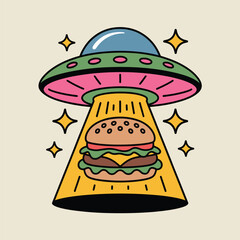 Alien ufo abducting burger illustration, fast food concept, space invasion theme