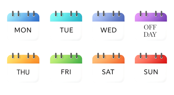 Bright calendar icons showing days of the week, isolated on transparent background, great for time management