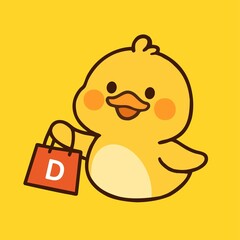 Cute yellow duck cartoon, shopping duck, vector cartoon, icon, animal world
