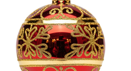 Red and gold christmas ornament isolated on transparent background, festive and shiny