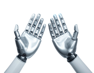 Two metallic hands, palms up, feature intricate mechanical details against a stark black backdrop