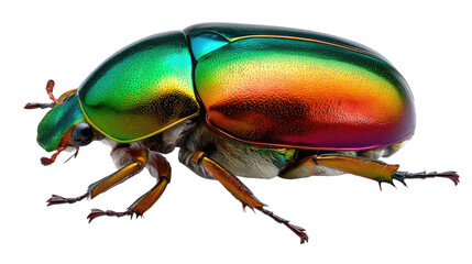 Fototapeta premium Iridescent Beetle: A vibrant, multi-colored beetle showcases the wonders of nature, its shell gleaming with an array of rainbow hues.