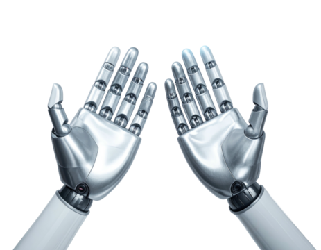 Two metallic hands, palms up, feature intricate mechanical details against a stark black backdrop - Powered by Adobe