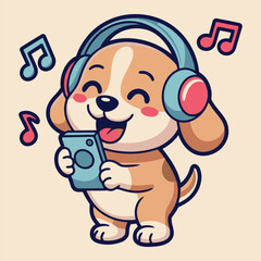 Cartoon dog listening to music with headphones and phone cute animal illustration