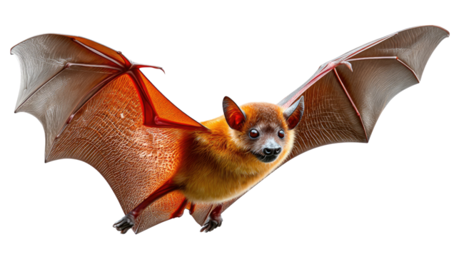 Bat in Flight: An adorable bat soars gracefully against a stark background, displaying its leathery wings in full extension. This image captures the essence of nocturnal wonder.