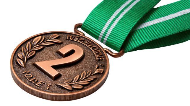 Second Place Medal: A close-up view of a bronze medal with the number 2 prominently displayed, symbolizing second place in a competition, the green ribbon adding a touch of prestige and achievement.