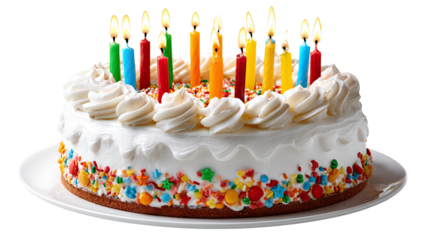 Sweet Celebration: A vibrant birthday cake adorned with colorful lit candles. A sweet treat perfect for any joyous occasion.