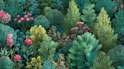 Fototapeta premium Lush, vibrant vegetation and flowers fill a dense, stylized garden scene