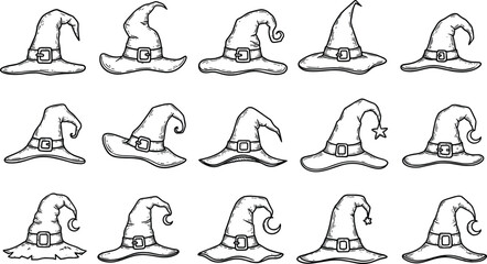 Collection of Hand-Drawn Witch Hats in Various Styles for Halloween Celebrations and Costume Designs