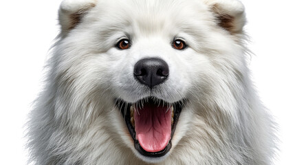 Fototapeta premium Fluffy Friend's Joyful Bark: A close-up shot of a majestic dog, displaying its signature fluffy white fur, showcasing a friendly and happy expression with open mouth.
