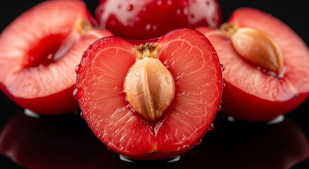 Close-up of sliced red plums with a pit in the center.