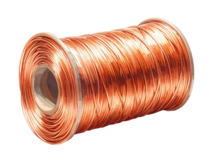 An illustration depicts a spool tightly wound with shiny, orange-hued copper wire, rendered in detail