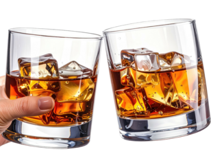 Two glasses of amber liquid clinking, ice cubes visible, held by a human hand on a black background