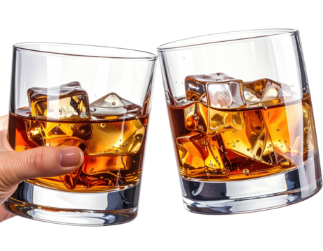 Two glasses of amber liquid clinking, ice cubes visible, held by a human hand on a black background