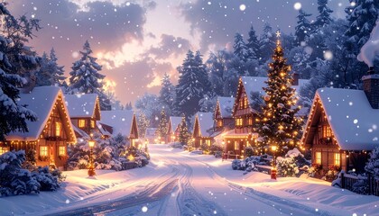 Winter wonderland village with snowfall and lights