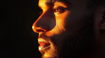 A manâ€™s face illuminated by a warm glow, creating a sense of depth