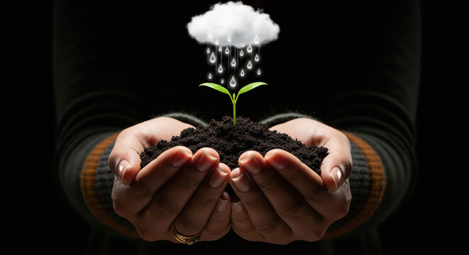 Nurturing hands supporting a growing plant with rain from cloud