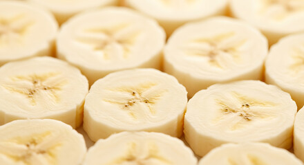 Close-up shot of several sliced bananas, showing the texture and detail of the fruit.