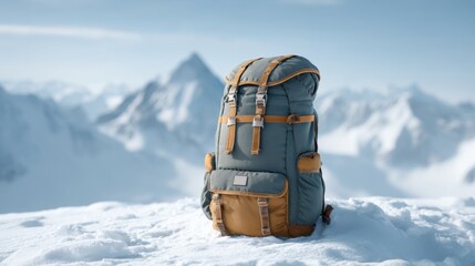 Stylish outdoor backpack resting on snow-covered ground with majestic mountain peaks in the background under a clear blue sky showcasing adventure spirit