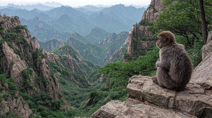 Pensive Monkey Gazing Over Huangshan Mountain's Verdant Peaks, China