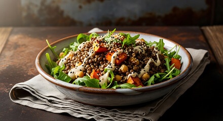 A healthy lentil salad with roasted sweet potato, chickpeas, and arugula in a rustic bowl on a wooden table.