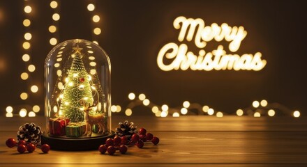 Warm Christmas scene with illuminated tree and reindeer in glass dome on wood table glowing with festive lights