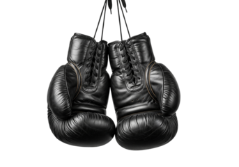 Black Boxing Gloves Hanging by Laces Isolated on Transparent Background