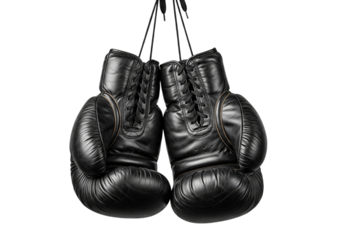 Black Boxing Gloves Hanging by Laces Isolated on Transparent Background