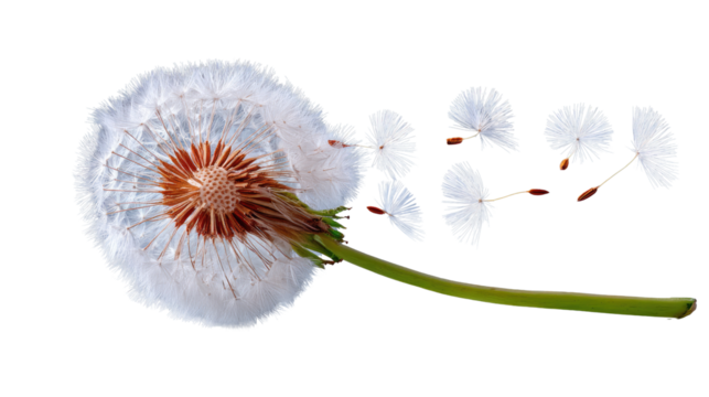 Ephemeral Wishes: A close-up shot of a dandelion in full seed, with delicate, feathery parachutes floating away, representing dreams, wishes, and the gentle beauty of nature.