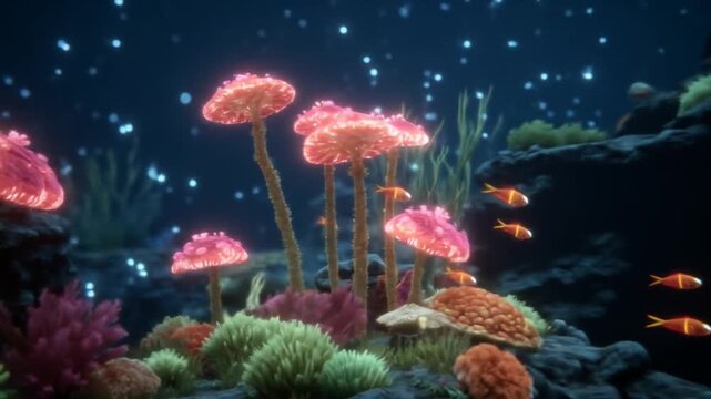 Underwater scene with glowing pink mushrooms and aquatic life