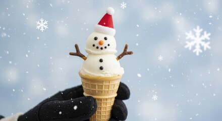 Gloved hand holding a cheerful ice cream snowman with a Santa hat and falling snowflakes against a soft blue background