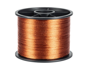 A copper-colored wire spooled on a black plastic reel, against a solid black background
