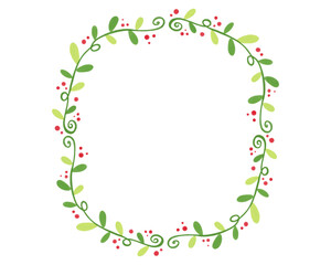Christmas card round frame with watercolor winter spruce branches, leaves. Frame for design. Botanical holiday border, invitation template.