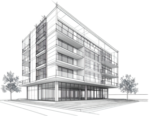 Architectural sketch showcasing a modern, multi-story building with glass walls & balconies