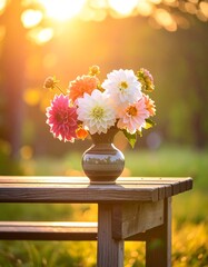A floral arrangement on a wooden table basks in golden sunlight