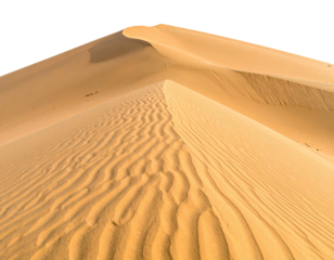 A close-up view of wind-swept sand dunes, revealing textured patterns under the sun's rays