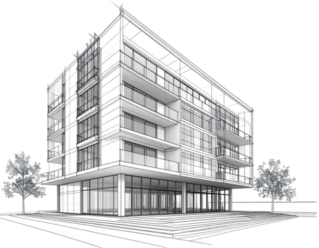 Architectural sketch showcasing a modern, multi-story building with glass walls & balconies