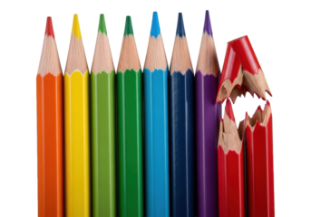 Photorealistic macro of vibrant rainbow colored pencils, one red snapped revealing pigment core and splintered wood, on transparent background, intricate detail showcasing