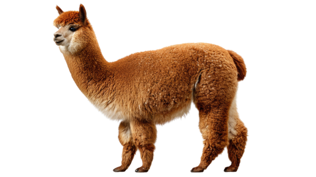 Majestic Alpaca Portrait: An elegant alpaca, stands tall in a captivating profile, exhibiting the soft texture of its fur, radiating a sense of gentleness and serenity.