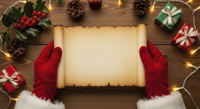  Santa Claus hands holding vintage Christmas scroll surrounded by festive decorations on rustic wood table