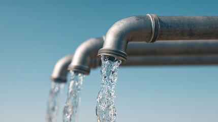 Close-up View of Flowing Water from Metal Pipes Against a Clear Blue Sky with Bright Sunlight Highlighting the Water Stream and Pipe Texture