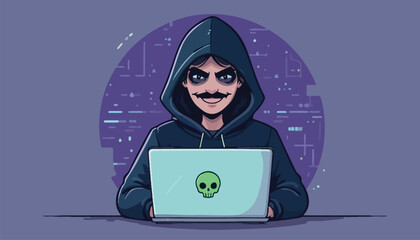 Hacker with Laptop and Skull Logo on Screen Keywords: hacker, laptop, skull, cybercrime