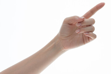 Woman's hand is showing an 'OK' sign, or the open palm is pointing with a single finger, capturing a business concept or a body gesture