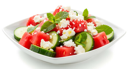 A refreshing summer salad made with diced watermelon, sliced cucumber, crumbled feta cheese, and fresh mint leaves.