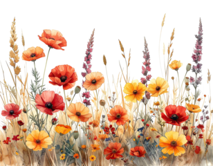 Watercolor depiction of colorful poppies and wildflowers against a black background