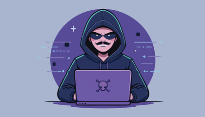 Hacker with Purple Laptop and Skull Icon Keywords: hacker, laptop, skull, cybercrime, technology