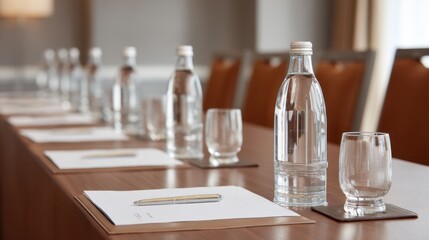 Elegant conference room setup featuring clear glass water bottles and notepads arranged neatly on a polished wooden table, ideal for business meetings and events