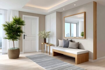 Fototapeta premium Modern hallway interior with wooden bench and large mirror